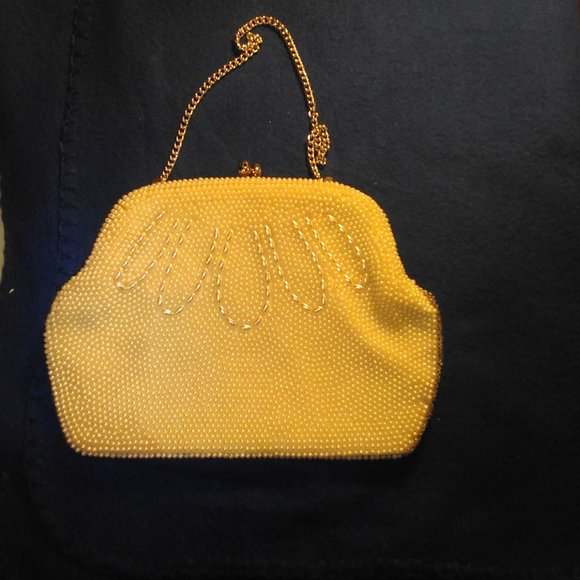 Japanese Faux Pearl Beaded Pinkish Beige Satin Lined Snap Clutch Evening Purse - Picture 10 of 17